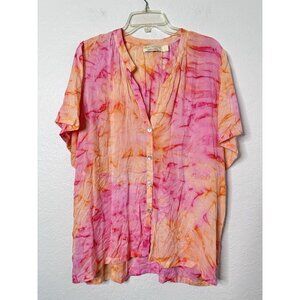 Beachgold Beach Women'sTie Dye V-Neck Button Down Shirt Size Large Wide Sleeve